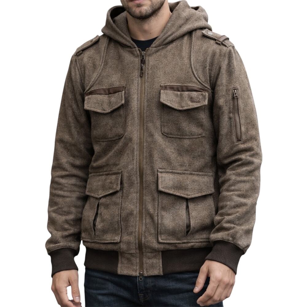 Nobis Bomber Utility Jacket Angora Hood Zip Up 4 Pocket Ribbed Trim Wool Brown L